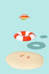 Summer vacation concept. Beach hat, swim ring and sunglasses floating in air over sandy island. Creative tropical background for postcard, flyer, poster. 3D illustration, rendering.