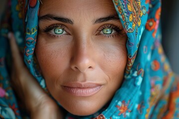 A serene woman with captivating green eyes gazes into the camera while wearing a colorful headscarf.  - obrazy, fototapety, plakaty