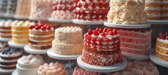 A delectable selection of layered cakes and pastries displayed on stands showcasing variety and sweetness perfect for dessert menus or celebrations  - obrazy, fototapety, plakaty