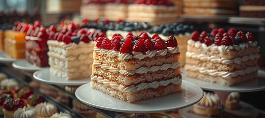 Delicious layered cakes topped with fresh raspberries are elegantly displayed in a bakery setting,...