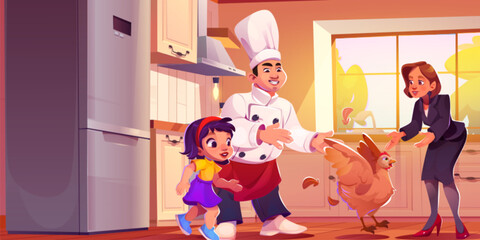Woman, kid and chef haunted hen on home kitchen. Modern indoor apartment interior with stove, refrigerator, cooker and other appliance. Chief man catching cute chicken concept cartoon illustration - obrazy, fototapety, plakaty