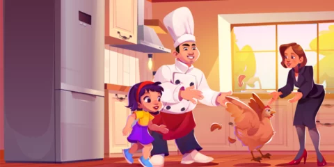 Foto op Canvas Woman, kid and chef haunted hen on home kitchen. Modern indoor apartment interior with stove, refrigerator, cooker and other appliance. Chief man catching cute chicken concept cartoon illustration © klyaksun