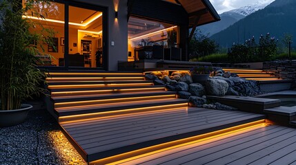 Modern house exterior with illuminated LED stair lights during twilight with a mountain view in the background.