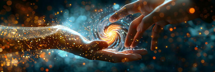 Big data visualization with hand reaching spinning vortex of light particles,  illustrating a human finger interacting with spiraling cosmic lights.
