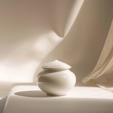 A white vase with a spiral design sits on a white surface
