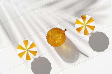 Top view of exotic fruit mocktail with ice cubes in a glass. Refreshing summer beverage and beach umbrellas on wooden table. Tropical vacation concept. 3D illustration, copy space, rendering.