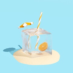 Creative scene with frozen straw, orange slice and umbrella in ice cube on blue background. Refreshing summer vacation concept. 3D illustration, rendering.