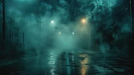 Dark street, night smog and smoke neon light. Dark background of the night city