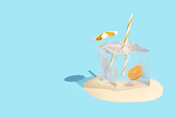 Creative scene with frozen straw, orange slice and umbrella in ice cube on blue background. Refreshing summer vacation concept. 3D illustration with copy space, rendering.