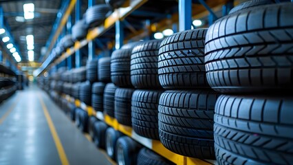 Piles of car tires in factory storage area. Concept Industrial Waste Management, Recycling Practices, Synthetic Rubber Production, Tire Manufacturing Technology - obrazy, fototapety, plakaty