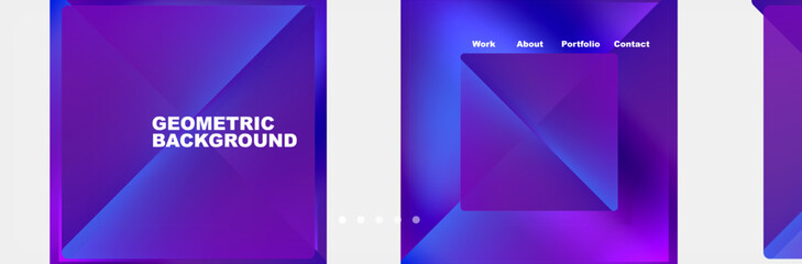 Fototapeta premium A collection of purple and blue geometric backgrounds featuring rectangles, symmetry, and technologyinspired designs in shades of violet, magenta, azure, and electric blue