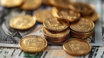 A close-up image of stacked golden coins on US dollar bills, symbolizing wealth and finance. 