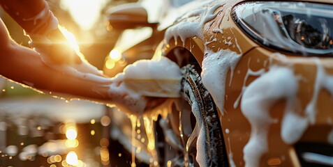 Coseup Hand Washing Car with Soap Foam generative ai - obrazy, fototapety, plakaty