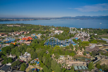 Amusement park. Magnificent view of Lake Garda,Italy. Aerial photography with drone.