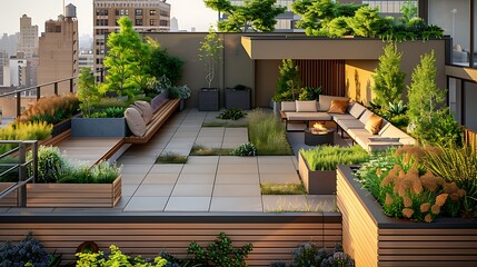 Luxurious rooftop garden and lounge area with modern design overlooking a cityscape at sunset 