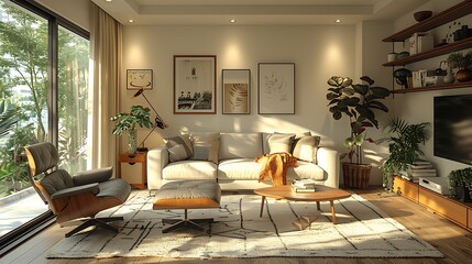 Modern living room interior with comfortable furniture and large windows overlooking a garden, bathed in natural sunlight.