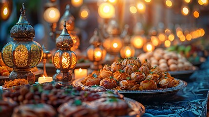 Traditional Middle Eastern lanterns illuminate a table of delicious desserts during a festive celebration at dusk  - obrazy, fototapety, plakaty