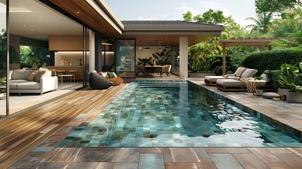 Modern luxury house with swimming pool and stylish decking, surrounded by lush greenery and a comfortable outdoor living space. 