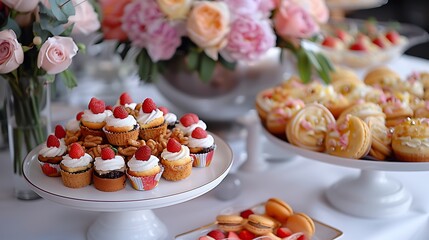 An elegant dessert table adorned with a variety of beautifully decorated cupcakes, pastries, and macarons at a formal event 