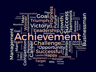 Achievement word cloud template. Business model concept vector background.