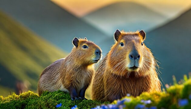 Close up of a Capybara (Hydrochoerus hydrochaeris) and baby in a lake.