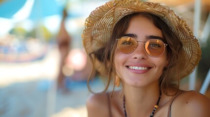 A smiling young woman wearing a straw hat and sunglasses at the beach on a sunny day.  - Powered by Adobe
