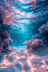 Underwater seascape with vibrant coral and light rays piercing through the ocean's surface sets a tranquil scene for viewers. 