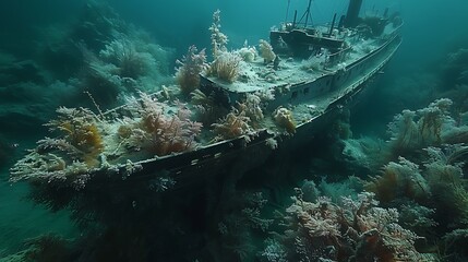 A sunken shipwreck enveloped in colorful marine life rests on the ocean floor 