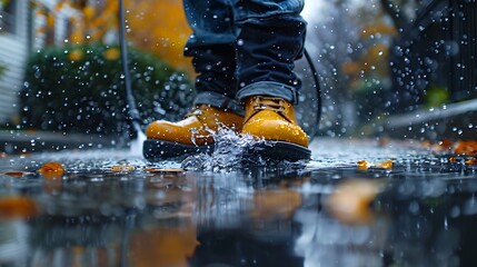 Close-up of a person wearing yellow boots splashing in a puddle on a rainy day.