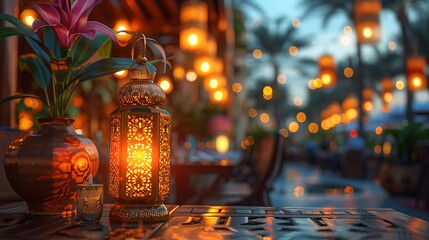 A traditional lantern casts a warm glow on a table at an outdoor evening setting with beautiful bokeh lights in the background. 