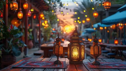 Bright lanterns on a table illuminate a cozy outdoor restaurant at dusk with warm lighting and a...