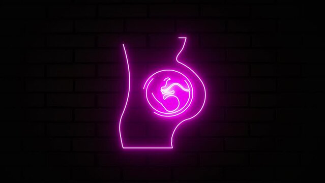 Fetus inside the womb. Glowing purple neon prenatal human child with placenta silhouette isolated on brick wall. Human fetus