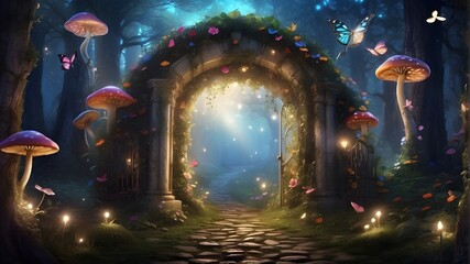 A fantastical, enchanted forest straight out of a fairy tale, complete with mushrooms, fairytale butterflies, a mysterious shine light outside the gate, and an opening secret entrance. - obrazy, fototapety, plakaty