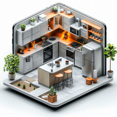 Isometric 3D render of AR app on phone, capturing kitchen atmosphere, centered on white background