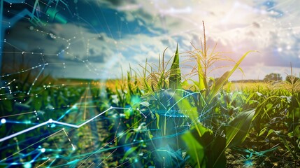 agricultural technologies in action on a farm. Feature a corn field overlaid with holographic data and technology