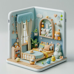 Isometric 3D render of AR app on phone, capturing child's room atmosphere, centered on white background