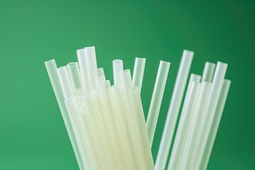 Paper straw among with pile plastic straws on green background