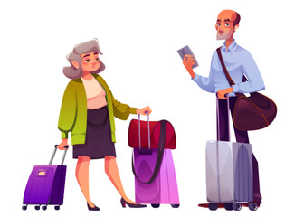Elderly people with suitcase travel for business or vacation. Cartoon vector illustration set of senior man and woman with luggage. Male and female journey passenger with baggage bag in terminal. - obrazy, fototapety, plakaty