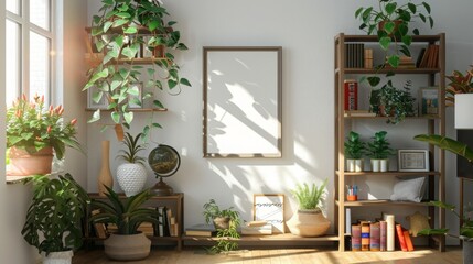 frame mockup on a cute boho bookshelf, plants, colorful, copy and text space, 16:9