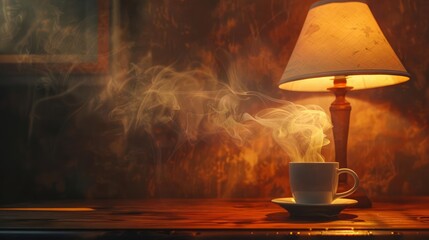 Bathed in the warm glow of a lamp, a steaming mug of coffee sits on a wooden table, its tendrils of steam curling upwards like whispered secrets in the quiet morning air