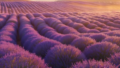 Obraz premium Bathed in the warm glow of the setting sun, endless rows of lavender stretch across the farm like a fragrant purple sea, their blooms swaying gently in the evening breeze