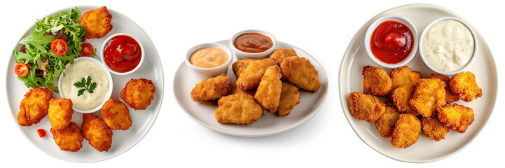 Chicken nuggets with two dressings on a plate isolated on a transparent background 