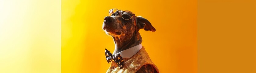A canine fashionista strikes a pose on a field of sunshine yellow, its sequined vest and polkadotted bow tie shimmering under a spotlight, ready to steal the show with its flamboyant moves - obrazy, fototapety, plakaty