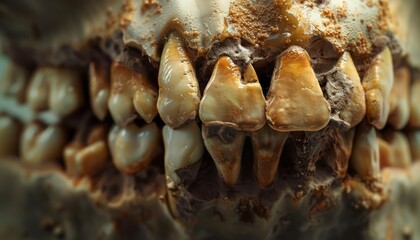 A menacing cavity with jagged edges creeps across a smile, leaving a trail of yellowing teeth in its wake, a chilling reminder of neglected dental hygiene - obrazy, fototapety, plakaty