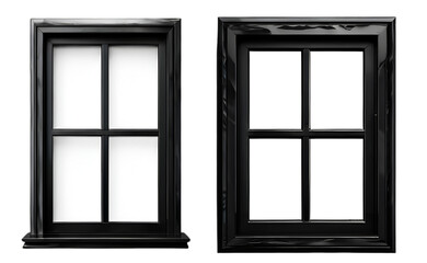 Black modern window frames with glass panes, exterior / outside view, isolated on white transparent background, png