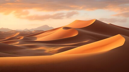 Desert sand dunes panorama at sunset, 3d render