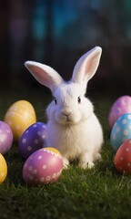 Fototapeta na wymiar Bunny with Easter eggs on a beautiful background
