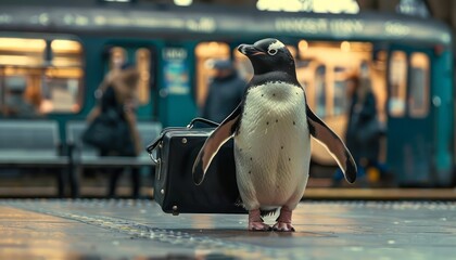 With a briefcase clutched firmly in its wing, a determined penguin navigates a crowded train station, its formal attire and unwavering focus a reminder that success can come in the most unexpected fea - obrazy, fototapety, plakaty