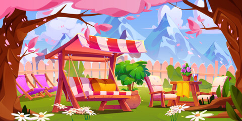 Backyard garden with fence and mountain on background. Japanese pink tree and grass on back yard near table, chair and swing. Cherry blossom scene for spring party in modern lounge environment - obrazy, fototapety, plakaty