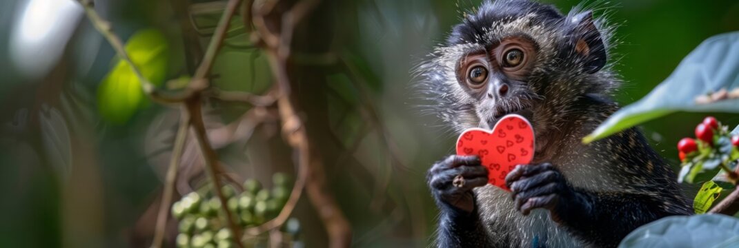 With a playful glint in its eyes, a mischievous monkey snatches a red paper heart from a Valentines Day display, clutching it to its chest as it swings through the jungle canopy, a love note for its f